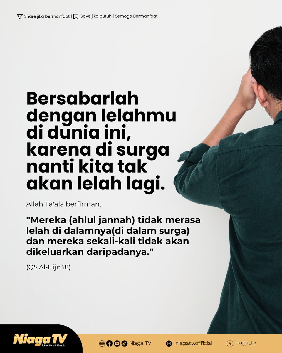 Dunia ini tempatnya lelah, karena kelak di surga kita tak akan merasakan lelah lagi

#Sunnah #reminder #Islam #quote