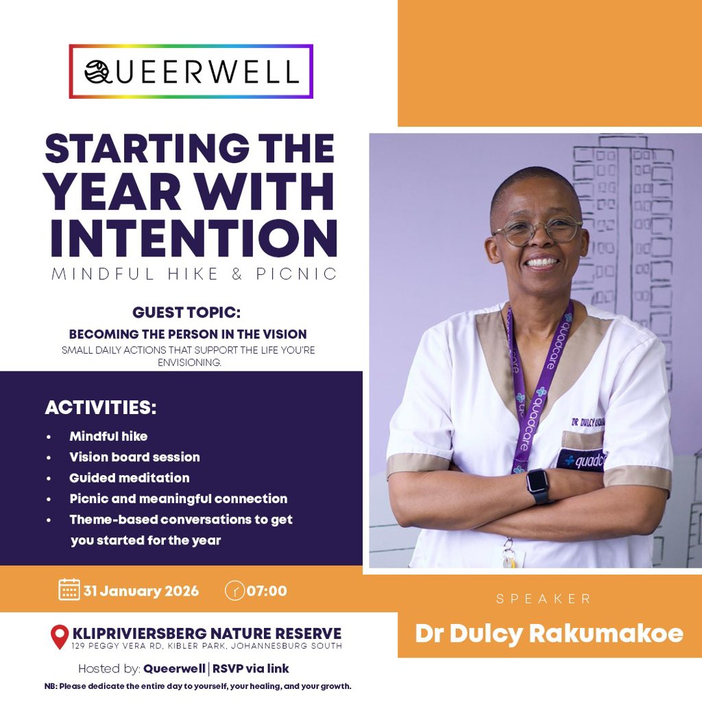 Queerwell1's tweet photo. Talking to us about becoming the person in the vision is Dr Dulcy Rakumakoe, A medical doctor, social entrepreneur &amp; CEO of Quadcare.

Join us as we start the year with intention and gently journey towards better versions of ourselves.

RSVP here 👇🏽
https://t.co/F3CDcGDbMT https://t.co/zJRvaEbev9
