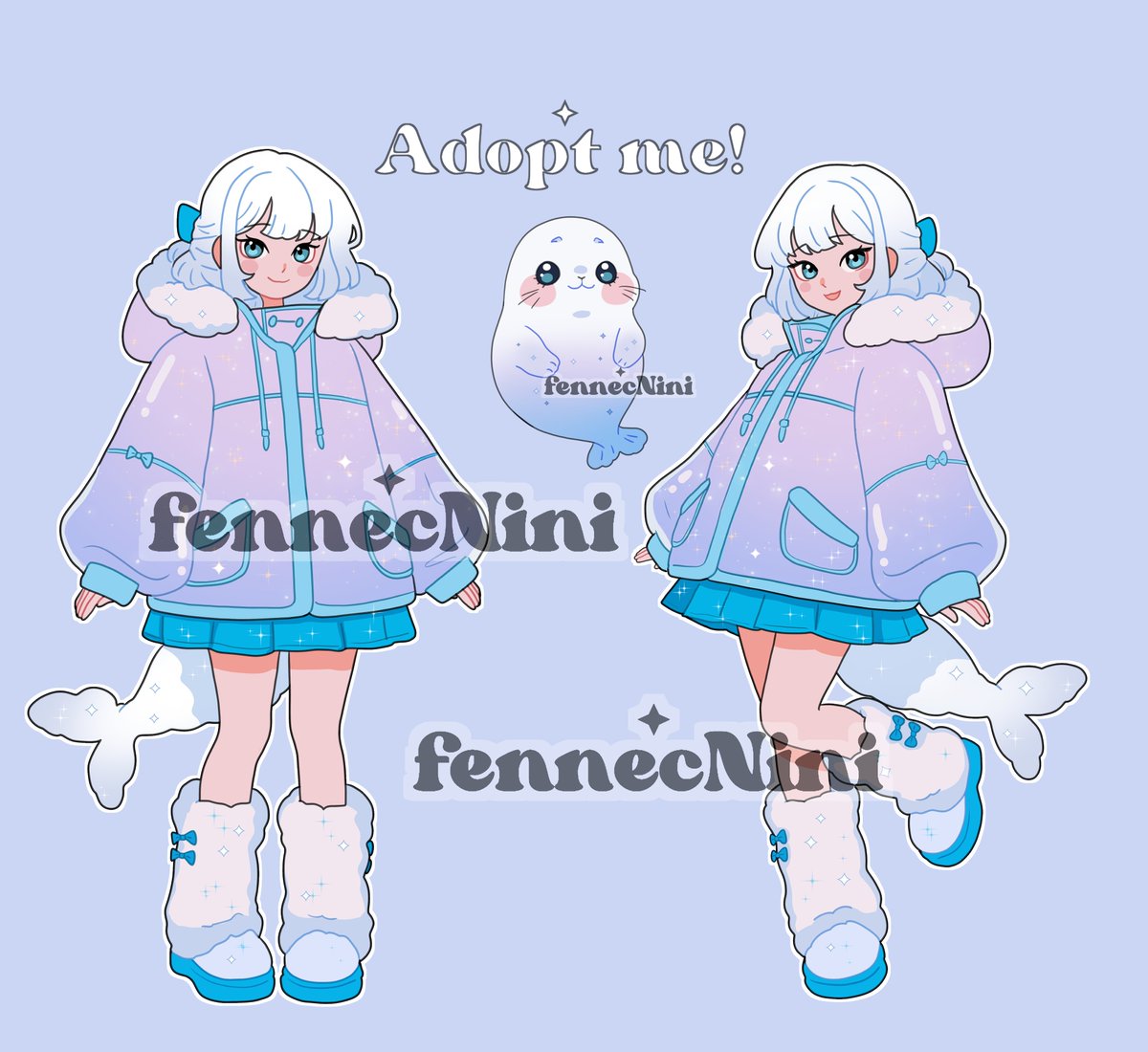 fennecNini's tweet photo. A cutie seal and her baby mascot! 💙🤍

✦Priced at $100, you will receive 6 images of character and 3 images of the mascot associated with the purchase.    
✦Commercial and merchandise rights included.     
✦Purchase via Ko-fi shop!    

#vtuberen #vtuber #adoptable https://t.co/xtNErkmSjf