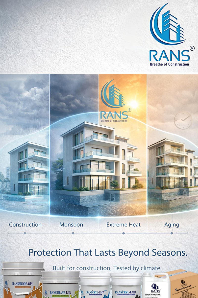 RANSEngineering's tweet image. Construction is only the beginning.
Monsoon, heat &amp;amp; time test every structure.
RANS® protects buildings through every phase of their life.
#RansWaterproofing#RansEngineering
#LongTermProtection#BeyondSeason
#TestedByClimate#BuildingLifeCycle
#TriedAndTested#ThermalResistance