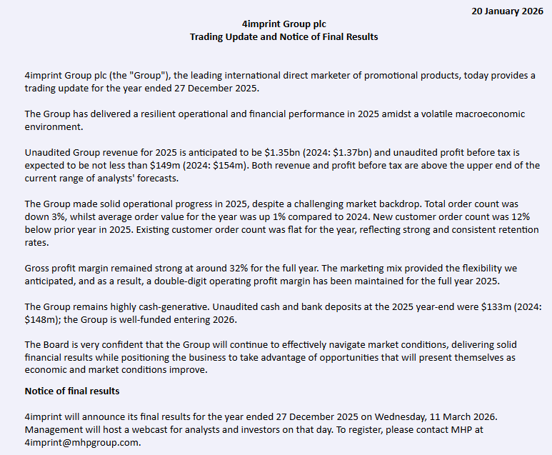 entrustTMF's tweet image. #FOUR 4Imprint Trading Statement 

The Group has delivered a resilient operational and financial performance in 2025 amidst a volatile macroeconomic environment.

investegate.co.uk/announcement/r…