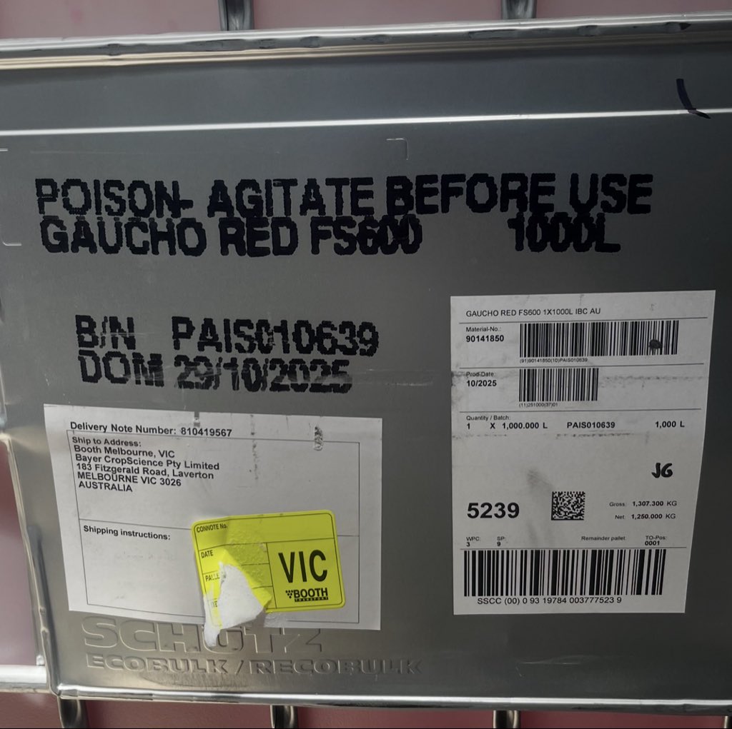 clintang84's tweet photo. @Bayer @Bayer4Crops so much for a new Gaucho formulation. Over 400L of Cruiser 350 used in the last two weeks and today 100L of the new Gaucho Pink, filters blocked up with imidacloprid, worse than ever! https://t.co/w3Dc35KcRn