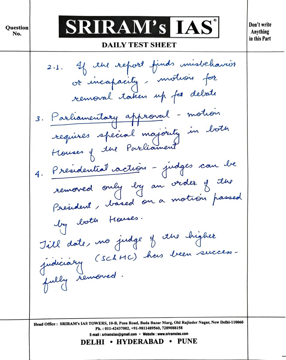 sriramsrirangm's tweet photo. Q. What are the constitutional provisions and steps for the removal of a higher judiciary judge? 

🧑‍⚖️ Very imp topic for GS - 2 . 

#UPSCPreparation #upsc #dailyanswerwriting #sriramsias #UPSC2026
