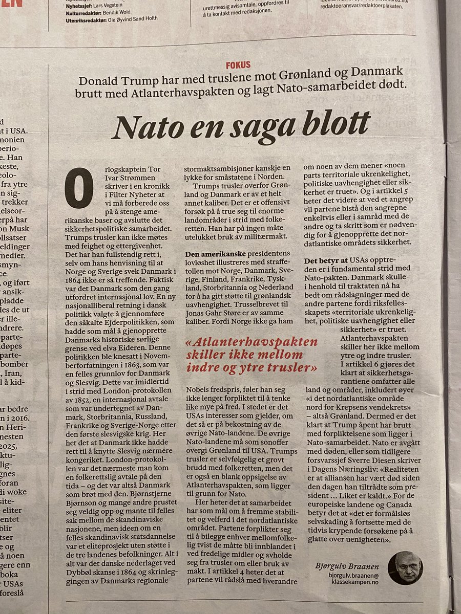 AudunBraten's tweet image. «Donald Trump har med truslene mot Grønland og Danmark brutt med Atlanterhavspakten og lagt Nato-samarbeidet dødt», skriver @Braanen i dag.

Så sant som det er sagt, og nok en gang fikk vi Nato-motstandere rett. Nå må vi kaste ut amerikanerne. #DroppBaseavtalen #StoppBaseavtalen