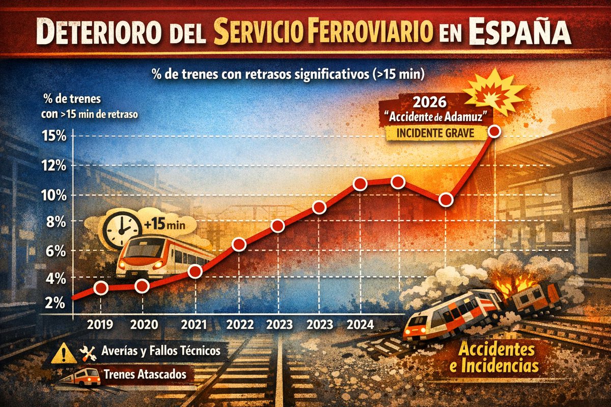 🔴 La situación es muy grave.

Piensen en que habrá que revisar todas las vías en España, pues los trenes ya no deslizan, van botando.

El evidente deterioro de este servicio público esencial, junto a otros muchos, nos va a costar mucho superarlo.

Hará falta un Gobierno que