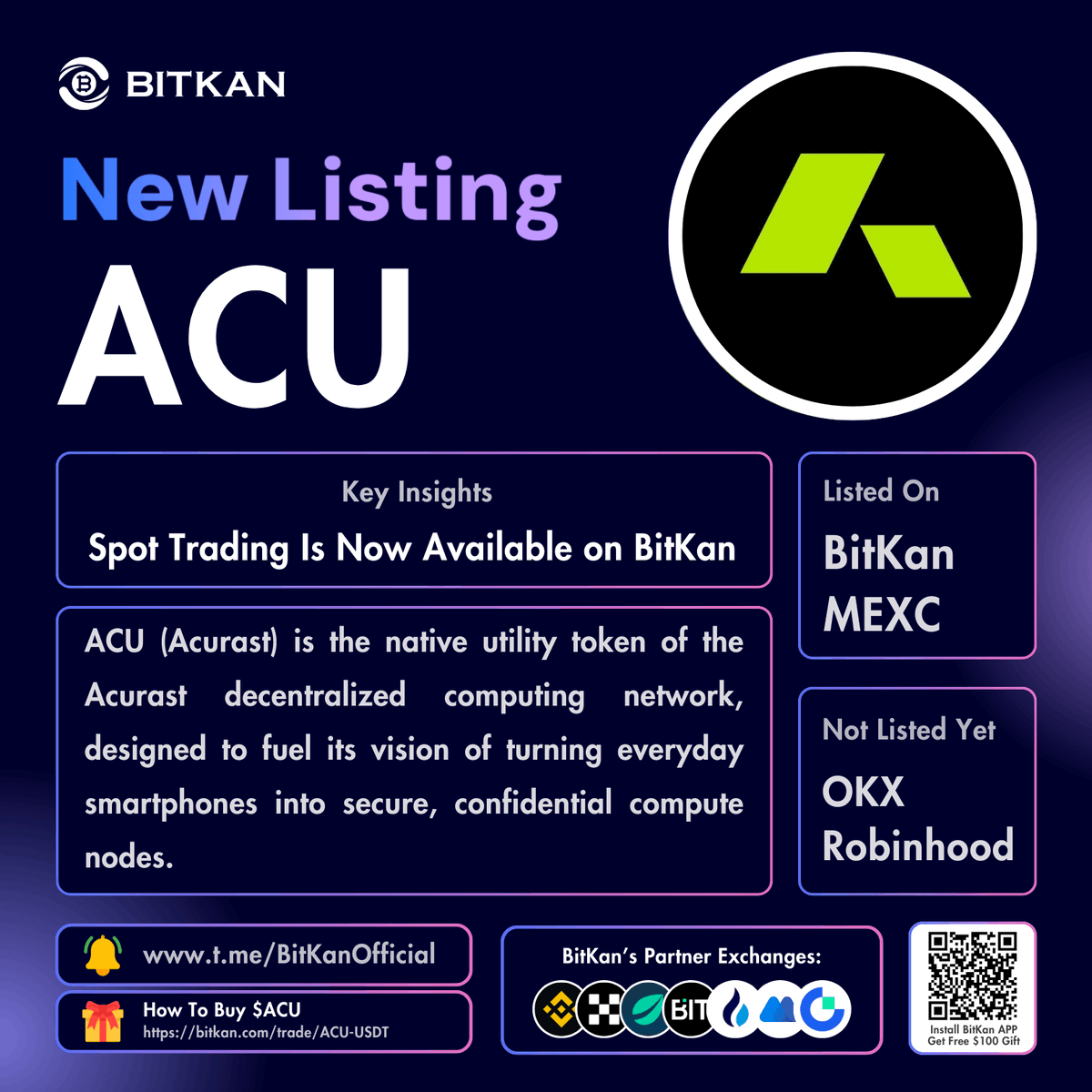 🔥 New Listing: @Acurast #ACU spot trading pair is now available for trade  on BitKan Crypto Exchange $ACU Spot Trading Pair: https://t.co/MF7CROGL9V  Official #BitKan Announcement https://t.co/18h6oi0xW3 Free $100 New User  Sign-Up Gift: