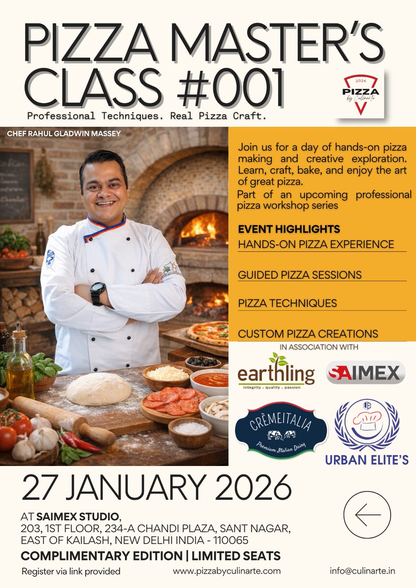 delianceindia's tweet image. You are warmly invited to attend Pizza Master’s Class #001, an introductory, hands-on session exploring the craft of authentic pizza making.

Seats are limited and registration is required.
12noon to 2pm

👉 Register here: surveyheart.com/form/6968b7bd3…
We look forward to welcoming you.