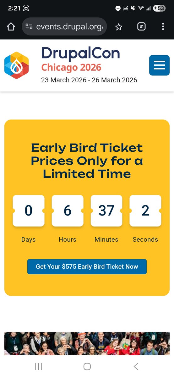 rkelbel48's tweet photo. @drupalcon I am attempting to buy at early bird rate and the registration says it's closed even though it's supposed to be open for 6 more hours. Will I be able to get this rate tomorrow morning with these issues? https://t.co/66Ya7E7aAH