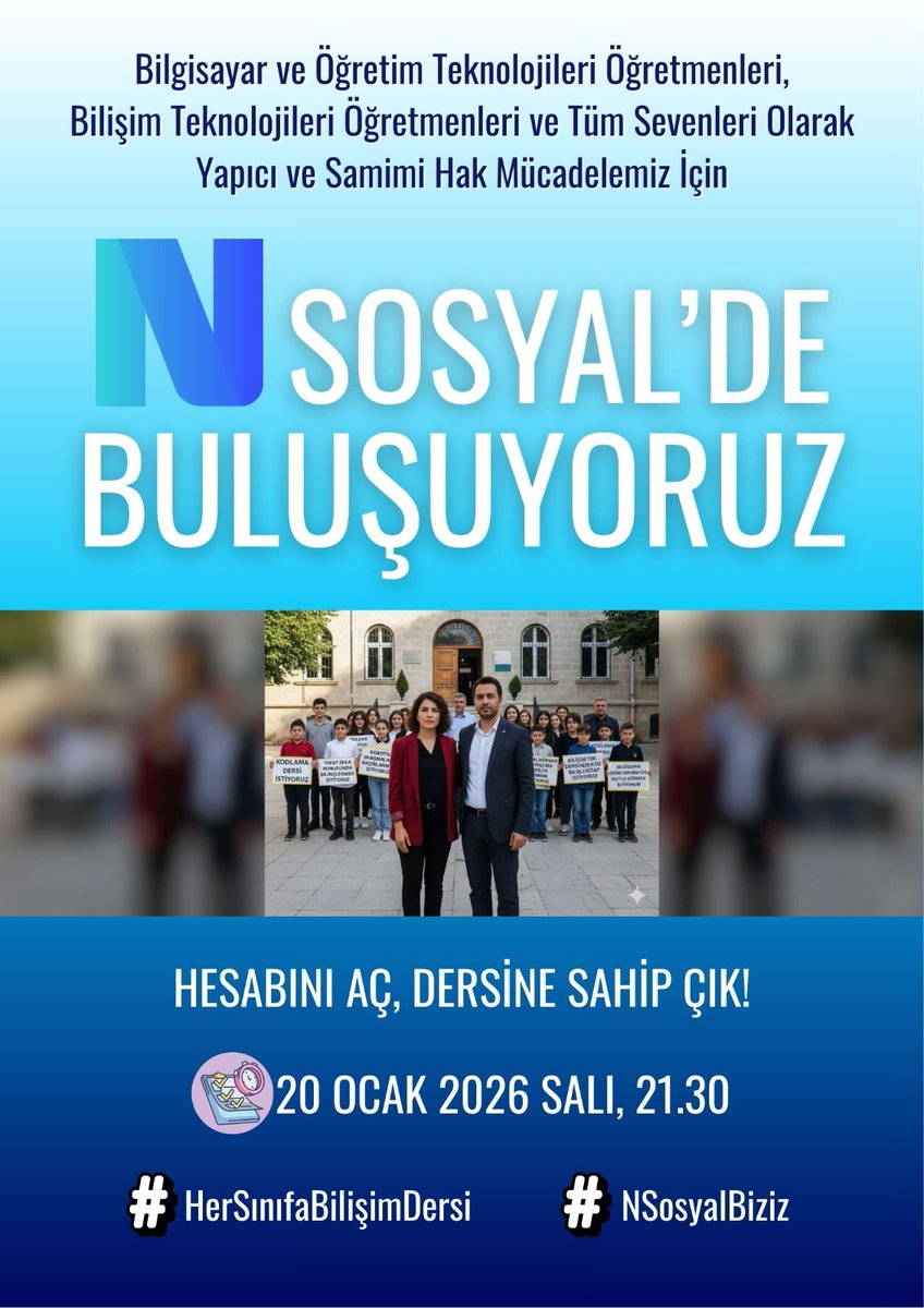 Bu akşam NSosyal'deyiz. Müsait olan herkesi destek vermeye bekleriz. #HerSınıfaBilişimDersi