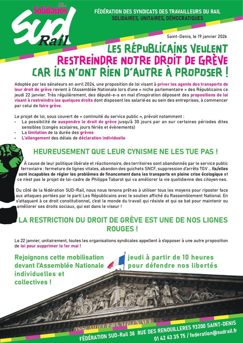 ⛔️ Les <a href="/lesRepublicains/">les Républicains</a> veulent restreindre le droit de #greve car ils n’ont rien d’autre à proposer ! 

🟢 Nous appelons à rejoindre la mobilisation devant l’Assemblée nationale le #22janvier à 10h. 

🔴 Nous nous tenons prêt•es à riposter à la hauteur des attaques !
