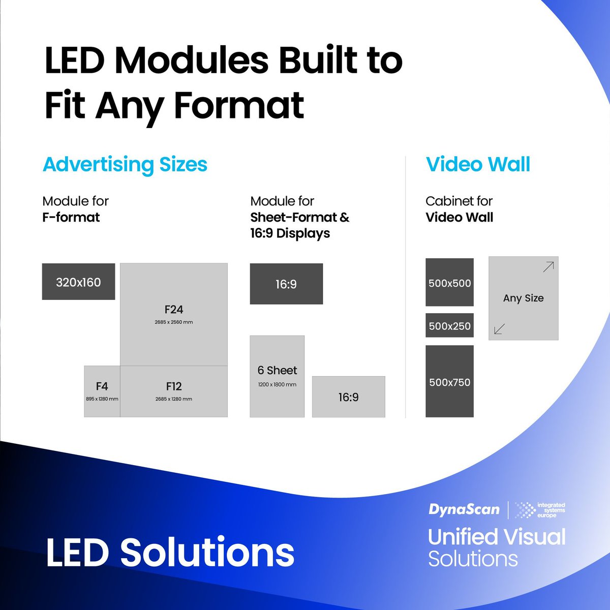 Available in three aspect ratios, DynaScan LED solutions scale seamlessly to familiar F-format &amp; 6-sheet formats to custom video wall designs, giving you the freedom to match the display to the space. See it at #ISE2026 — visit us at booth #3C700
More at: dynascan.net/4sKaBk5