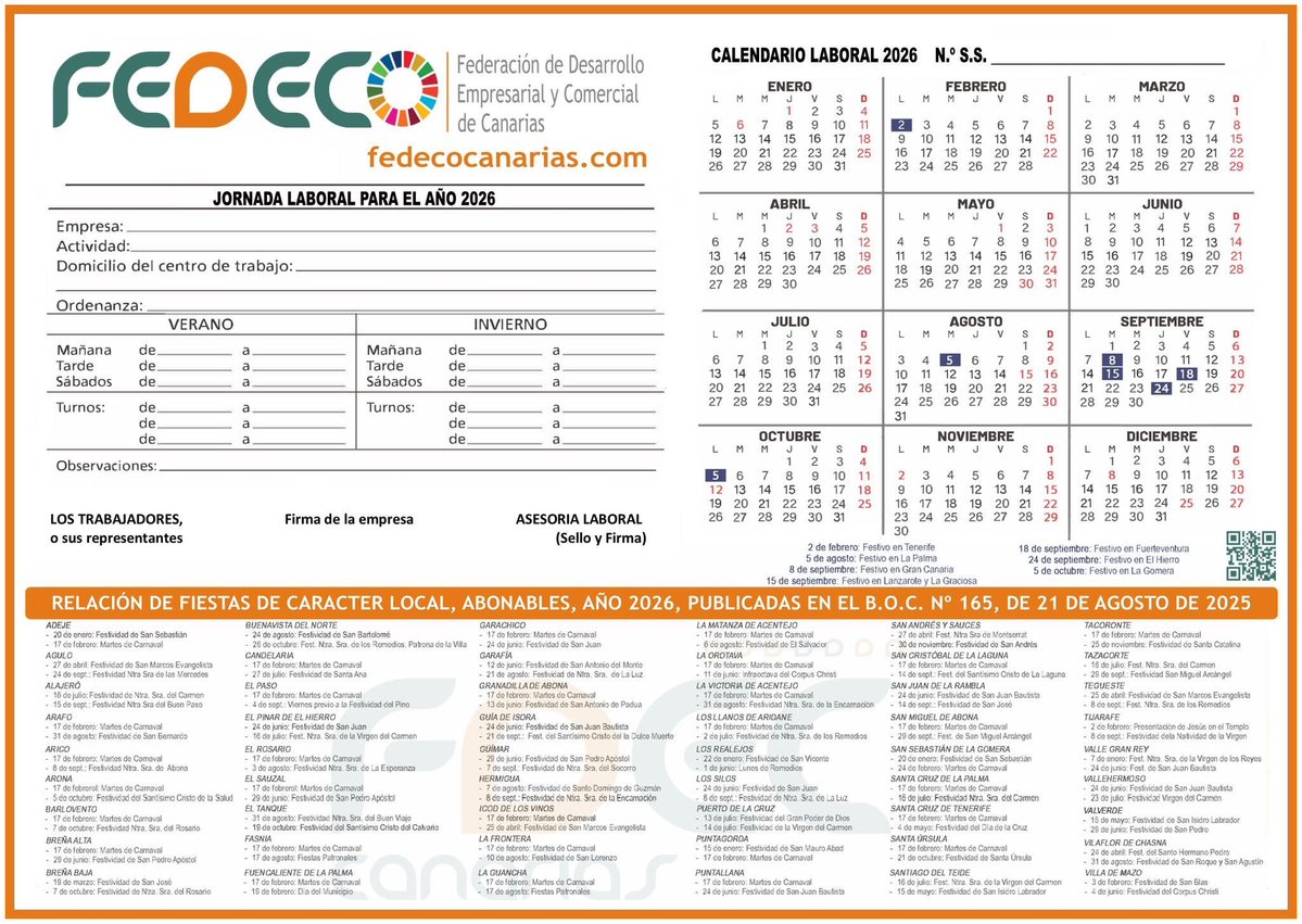 🟠 Nota informativa: Calendario laboral de la provincia de Santa Cruz de Tenerife
ℹ️ fedecocanarias.com/nota-informati…
