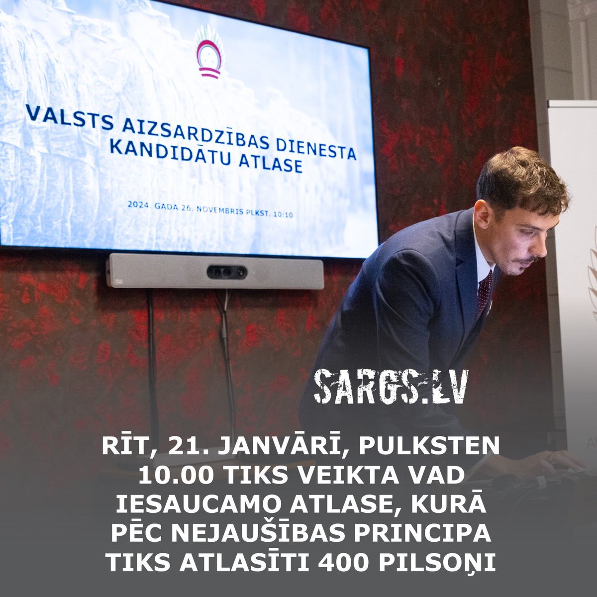 📯 Rīt, 21. janvārī, notiks VAD karavīru atlase pēc nejaušības principa 2026. gada jūlija iesaukumam.

Pārbaudi sevi ⬇️

✅ Tu vari tikt atlasīts, ja:
• esi Latvijas pilsonis
• esi vīrietis 18–27 gadu vecumā
• neesi pieteicies brīvprātīgi VAD
• neesi jau izpildījis dienestu