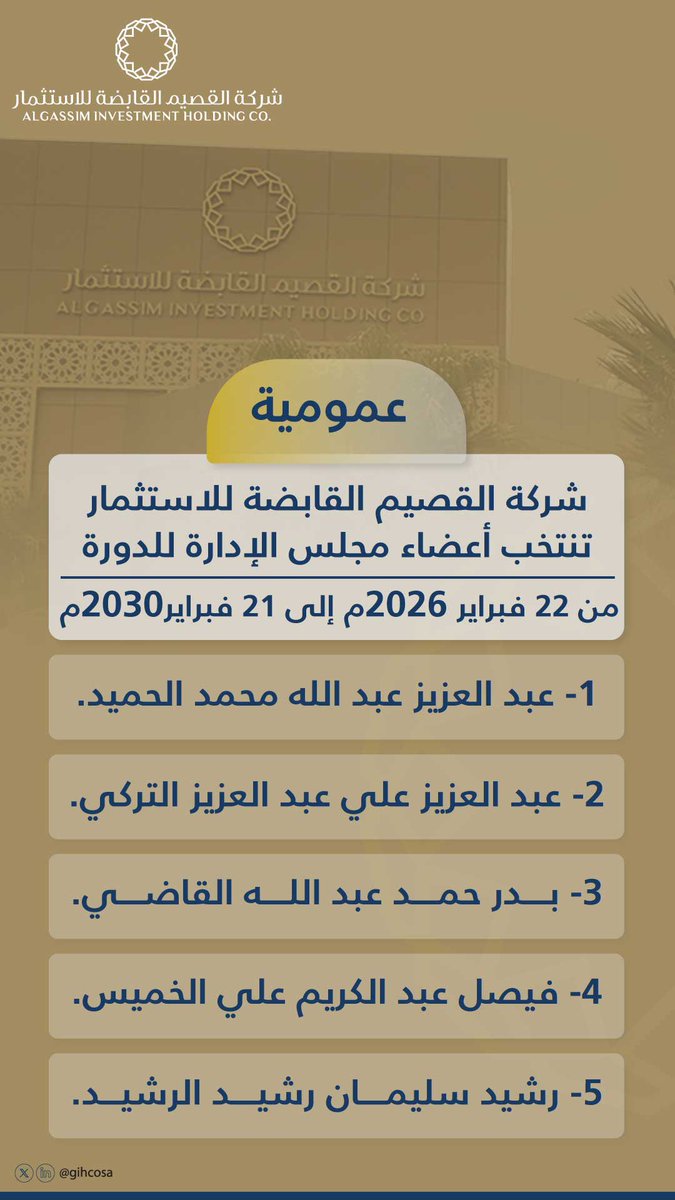 gihcosa's tweet photo. أعضاء مجلس إدارة شركة #القصيم_القابضة للاستثمار المنتخبين للدورة القادمة 2026م - 2030م
1- عبد العزيز عبد الله محمد الحميد.
2- عبد العزيز علي عبد العزيز التركي.
3- بدر حمد عبد الله القاضي.
4- فيصل عبد الكريم علي الخميس.
5- رشيد سليمان إرشيد الرشيد. https://t.co/jDIVsyUkIi