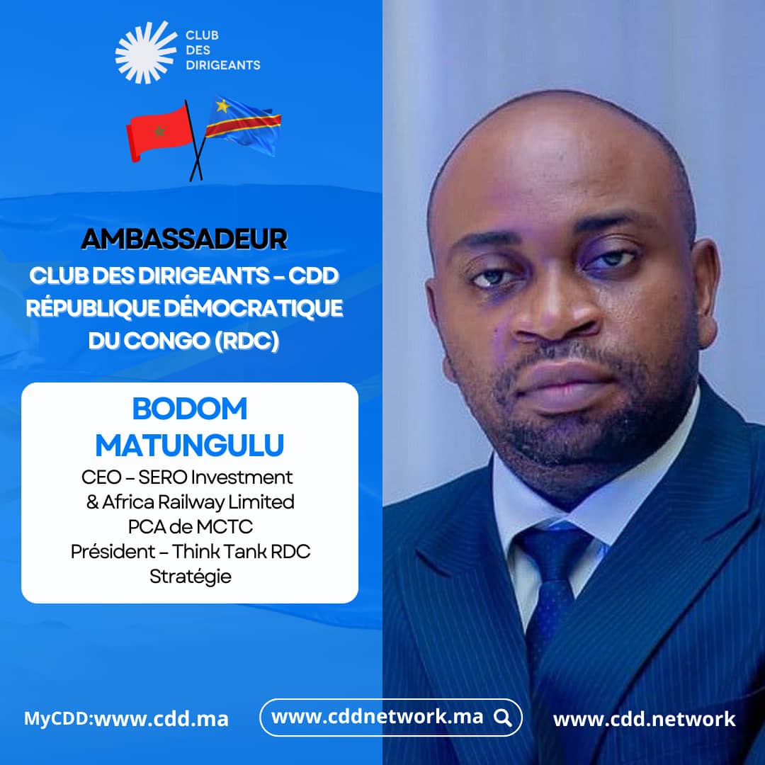StrategieRdc's tweet photo. Annonce officielle 🇨🇩🇲🇦
Le RDC Stratégie a l’honneur d’annoncer la nomination de M. Bodom Matungulu comme Ambassadeur du Club des Dirigeants (CDD) en RDC.
Une reconnaissance de son leadership et de son engagement pour la coopération économique et stratégique Afrique–Afrique. https://t.co/z3BqvVLVnj