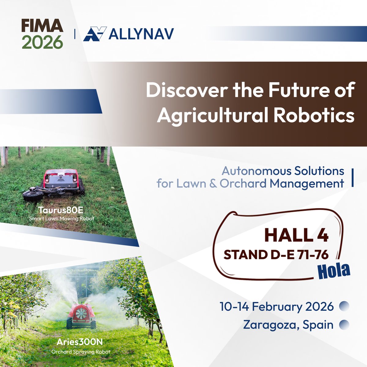 AllyNav is heading to FIMA 2026 in Zaragoza, Spain, bringing our latest Agricultural Robotics solutions for smarter, safer, and more efficient field operations.
