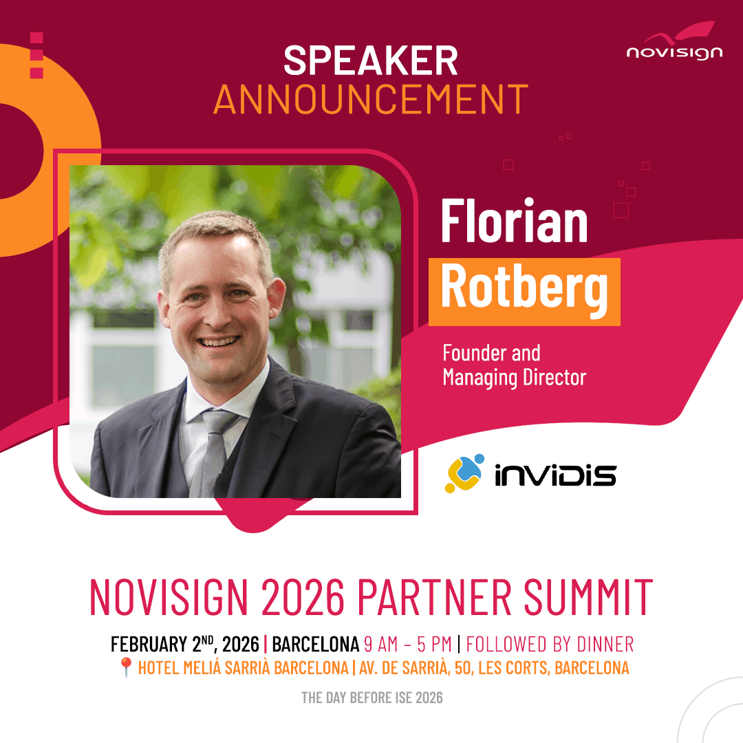 novisign's tweet photo. Our #PartnerSummit2026 speaker lineup is heating up🔥
We’re excited to welcome back our keynote speaker: @FlorianRotberg, Founder & MD of @invidisintl.
One of the most trusted voices in digital signage. This is a keynote you won’t want to miss.
More to come, so stay tuned! https://t.co/Tm3OfVfLo2