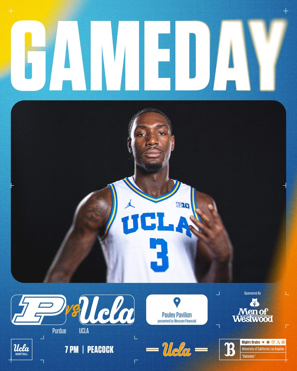 UCLAMBB's tweet image. It’s 𝐆𝐀𝐌𝐄𝐃𝐀𝐘!

UCLA (12-6, 4-3) will host No. 4 Purdue (17-1, 7-0) tonight inside Pauley Pavilion presented by Wescom Financial.

⏰: 7 p.m. (PT)
📺: Peacock
📻: AM 790
📊: bit.ly/26-01-at-UCLA 
💻: bit.ly/26-watch-pea 

#GoBruins