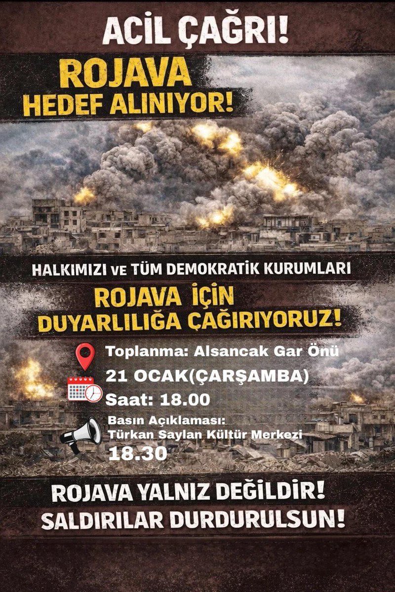 HTŞ çetelerinin Suriye’de Kürt halkına yönelik saldırılarının karşısında, direnen Kürt halkının mücadelesinin yanındayız.

Alsancak Gar önünden Türkan Saylan Kültür Merkezi’ne yürüyoruz. Basın açıklamasında buluşuyoruz.

🗓️ 21 Ocak Çarşamba (yarın)
⏰ 18.00