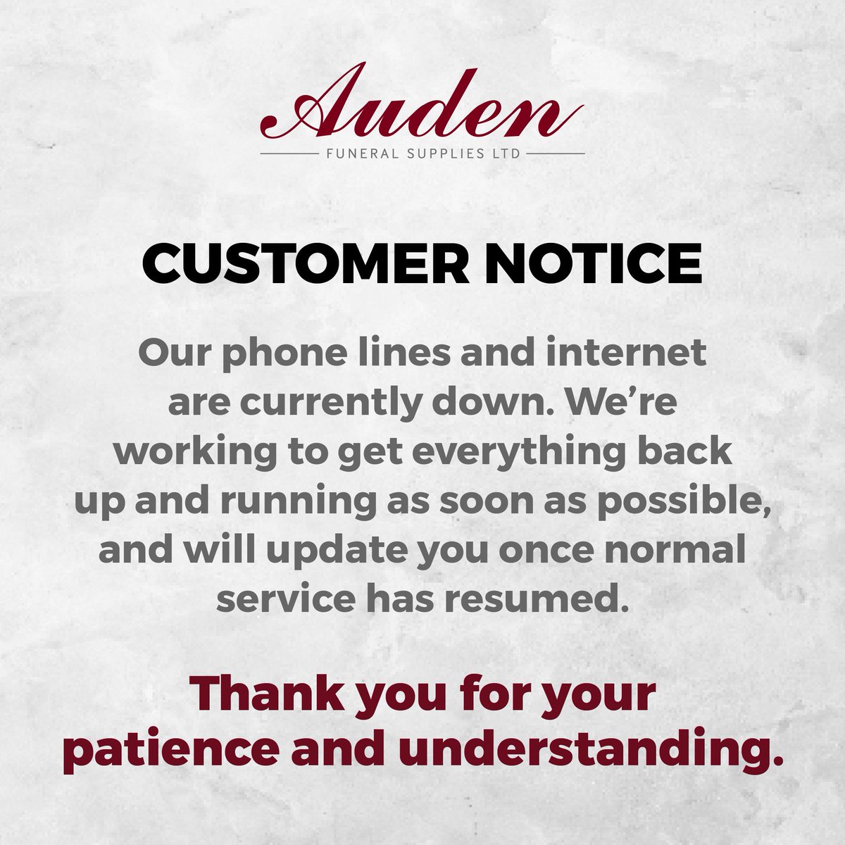 📢 Service Update

Our phone lines and internet are currently down. We’re working to get everything back up and running as soon as possible and will update you once normal service has resumed.

Thank you for your patience and understanding. 🙏