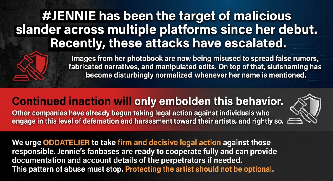 jenniescharts's tweet photo. Enough is enough! The pattern of abuse against #JENNIE must end. We strongly urge @oddatelier @Jennie_HQ to take decisive legal steps against those responsible for this defamation. Fanbases are ready to cooperate with evidence. Protecting the artist is MANDATORY, not optional.

Time to act. #ProtectJennie NOW!
