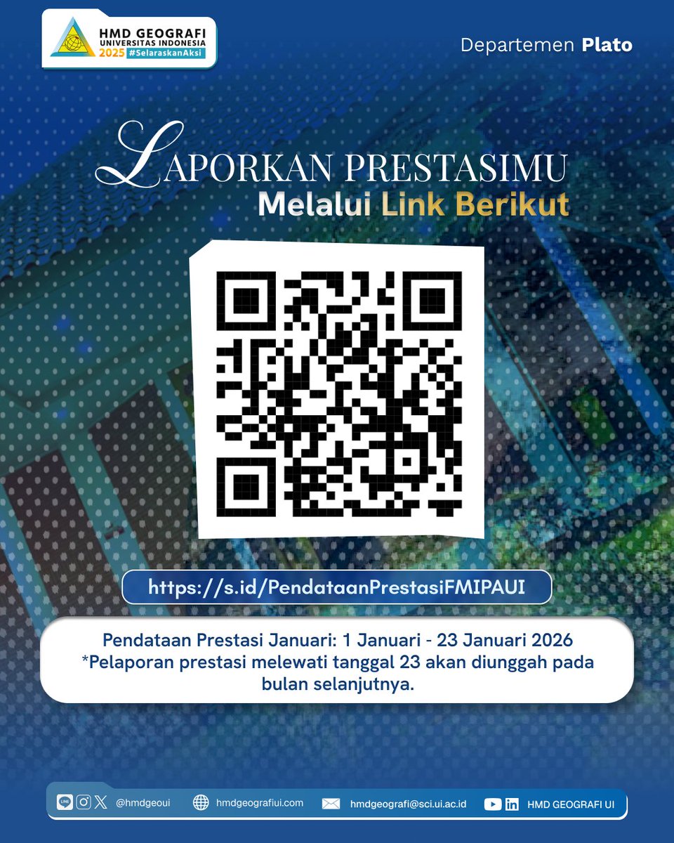 Hii peeps❗️❗️

Januari 2026, geopresiasi kerja keras kalian bikin Geografi UI keren! Selamat prestasi kita bangga! Terus berkarya! Ikut lomba/kejuaraan Geografi UI? Isi:  s.id/PendataanPrest…. Ga cuma juara, semua pahlawan keilmuan! 💪Jangan lupa Kasih paham bossh!🦵💨 

-🐚