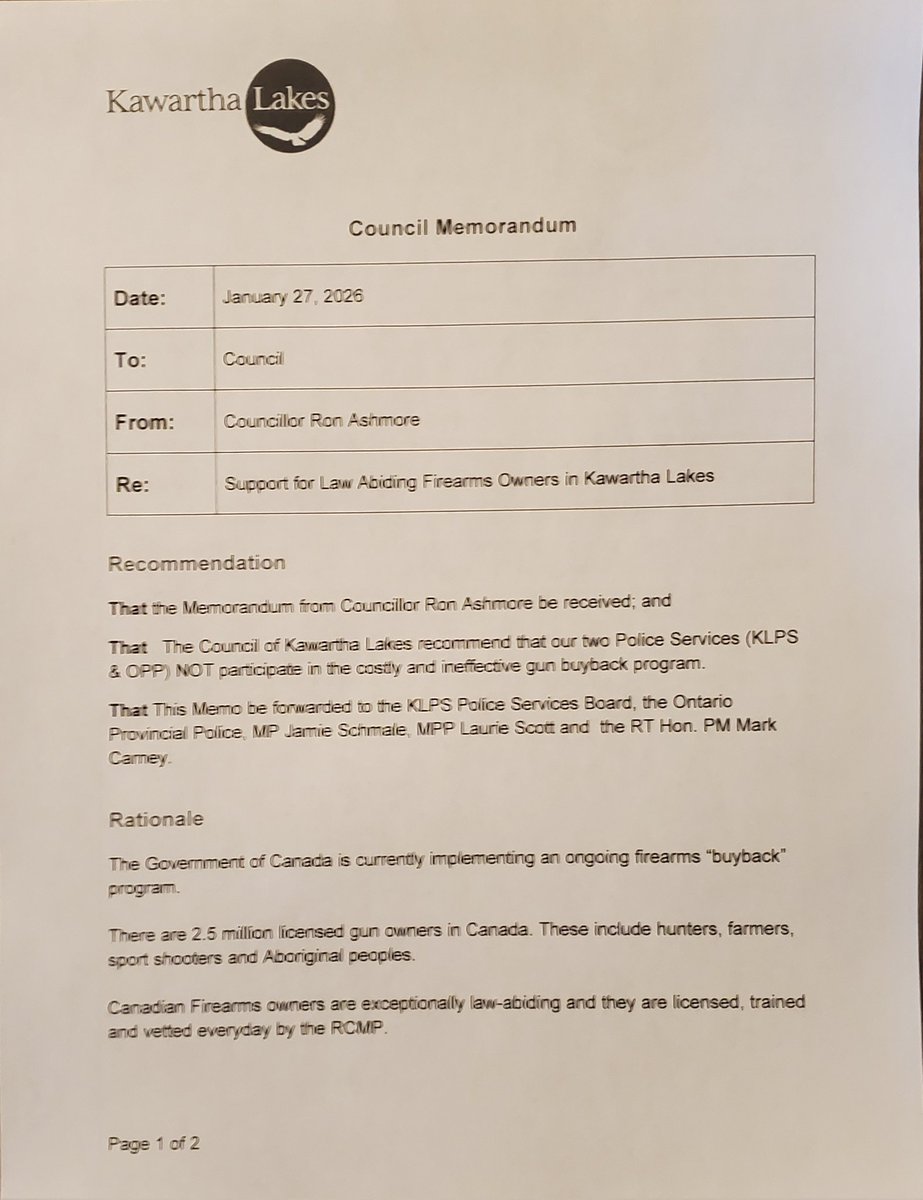ronashmore1's tweet photo. My Memo to Council to support law abiding gun owners  in Kawartha Lakes , Ontario Canada will not be allowed to be put on the agenda. A sad day for democracy.  #CCFR https://t.co/DyxSlvqEmM