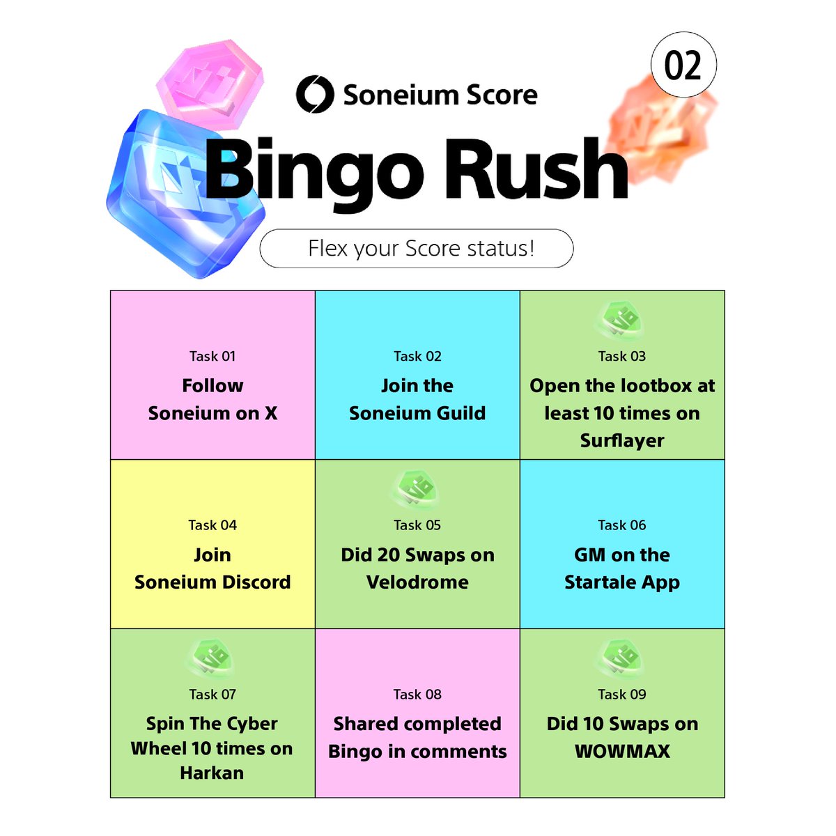 soneium's tweet image. It’s Bingo Rush time!

You’ll need a variety of actions to complete your card.

Complete the Bingo. Post it. Tag us. Brag a little.

Grab your bingo board and drop your Score 👇
portal.soneium.org/en