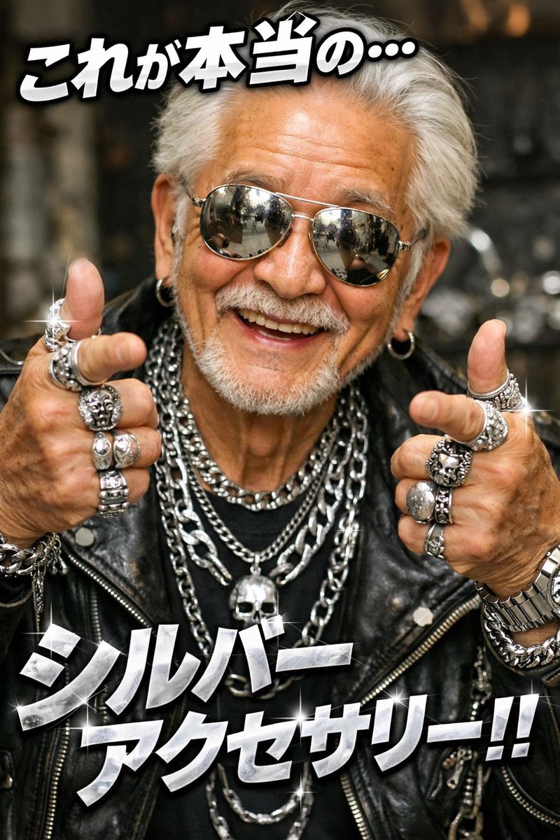 今日のChatGPT

おじいちゃん(シルバー)がシルバーアクセサリーを身に付けている。

これが本当のシルバーアクセサリーというダジャレの画像を作って！