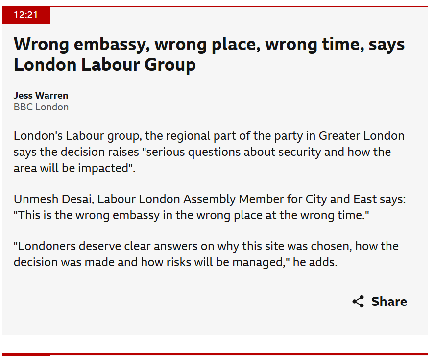 Even Labour's London group disagree with Starmer's approval of the Chinese embassy.

Royal Court residents could be forced out, the City's tech cables are affected. Keir Starmer has to answer why he's selling local interests down the drain.