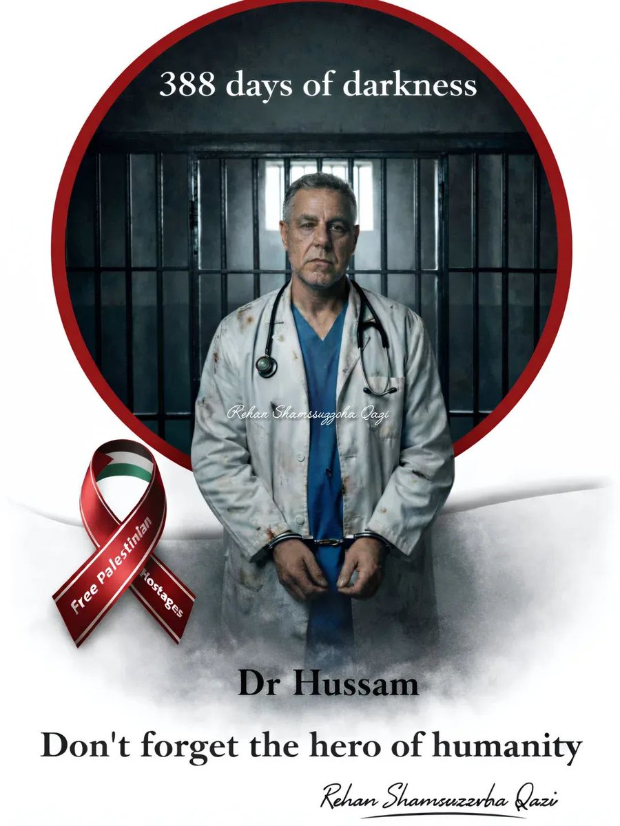 aye_ozcelik_'s tweet image. Dr. Hussam 388 gün boyunca karanlık ve izole bir odada tutuluyor.
Hapsedilmiş bir şifacı.

Merhametli bir adam, sessizliğe bürünmüş.
Hapsedilmişken bile ruhu dimdik duruyor.
çünkü insanlık duvarların ardında solmaz.
👉 Sesini yükselt. Konuşmaya devam et. Paylaşmaya devam et.

Bu…