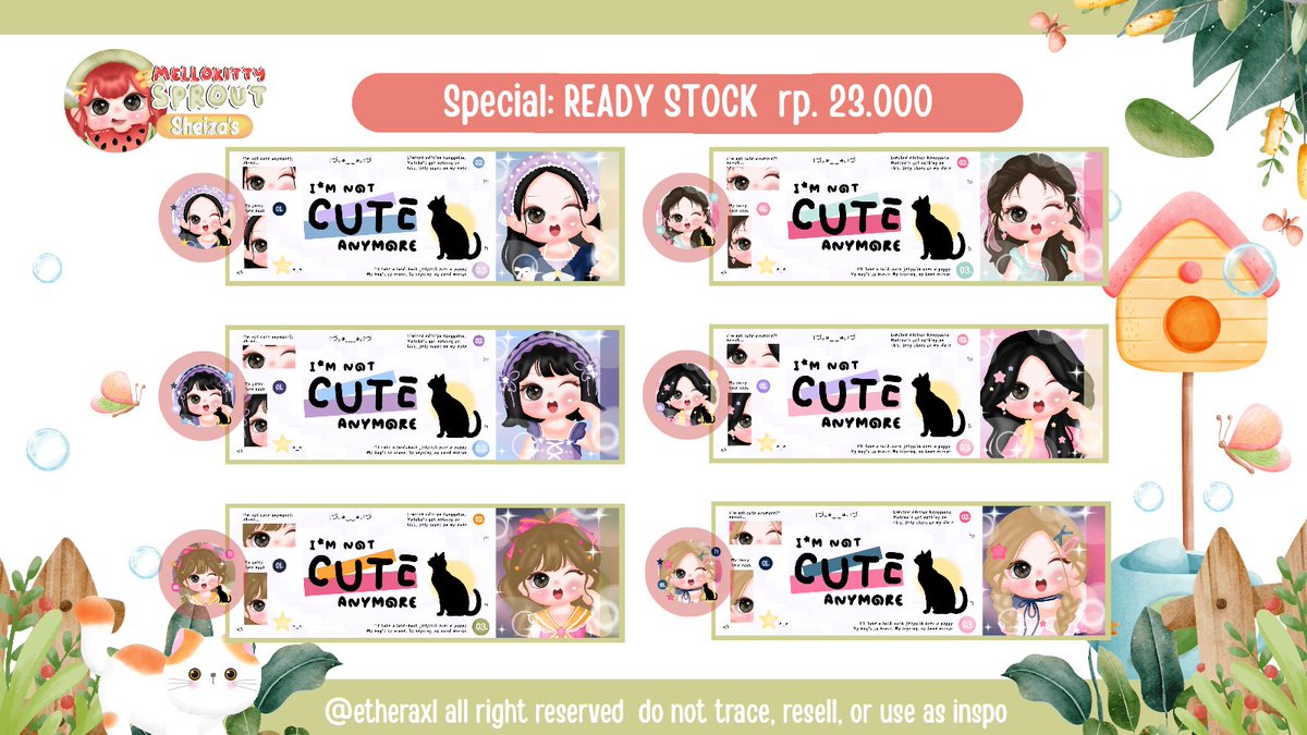 etheraxl's tweet image. .
HemLLo mello-nions, help RT yaa! #zonauang 🪜👛

Ada ready stock layout chibi dari catalog not cute yang bisa di peluk sekarang juga nih! Harga tertera di pict yaa! Include retext yaww, tidak tersedia buat resize, cek detailnya di alt

.