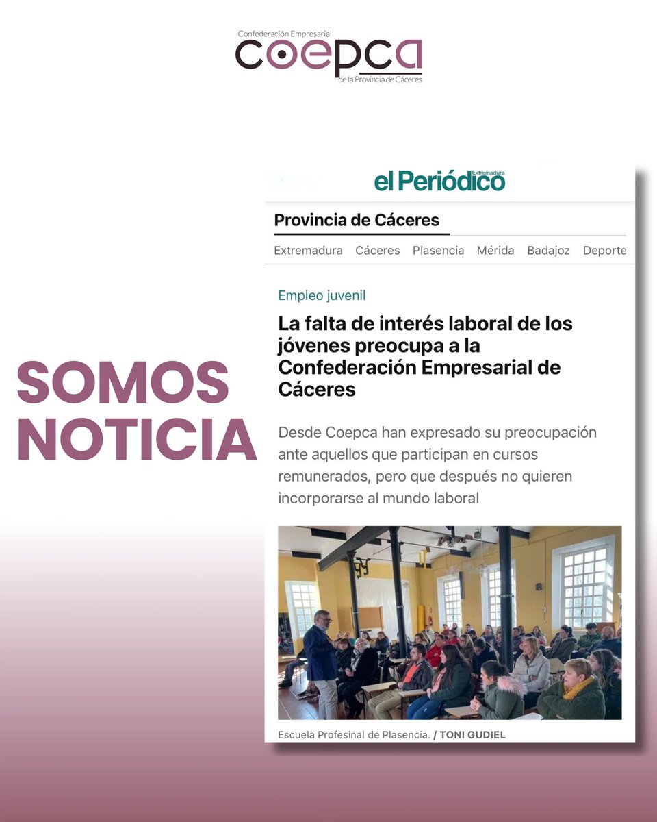 coepca's tweet photo. 📢 COEPCA, en los medios

La Confederación Empresarial de la Provincia de Cáceres alerta de un problema que preocupa seriamente al tejido empresarial: la formación para el empleo no siempre está cumpliendo su objetivo principal, la inserción laboral real.

#SomosNoticia https://t.co/AyApvCtRRk