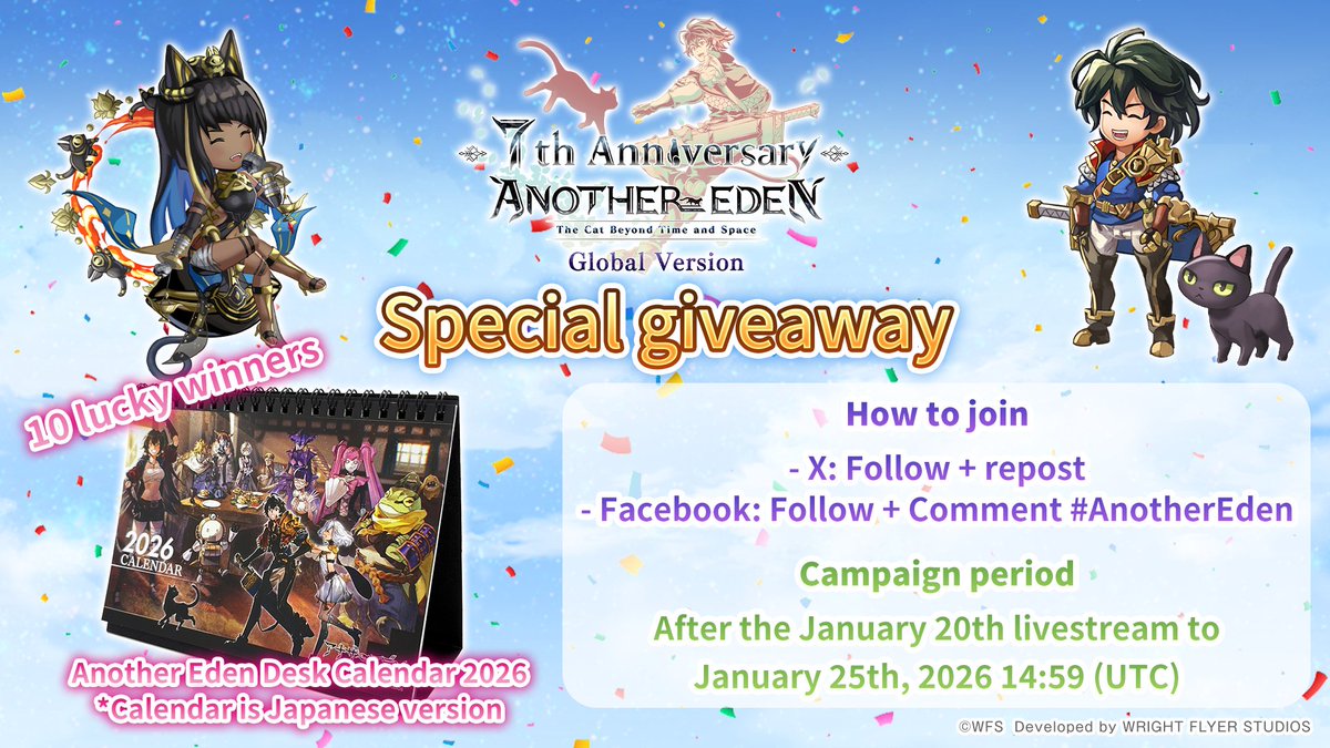 [Global Version 7th Anniversary Giveaway! 🎊]

10 lucky winners will wil a 2026 Another Eden calendar!
(X) Follow + repost
(FB) Follow + comment #AnotherEden

Participation rules:
wfs.games/campaign/anoth…
Privacy policy:
wfs.games/campaign/anoth…