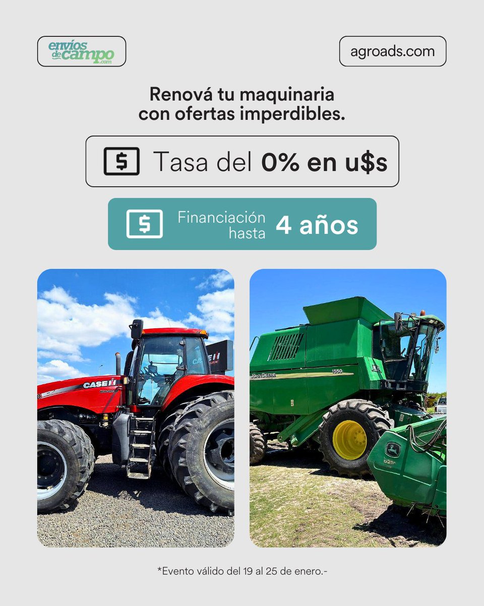 Agroads's tweet image. Condiciones que rinden en serio: financiación hasta 4 años + tasa 0% en USD en usadas seleccionadas. 💥

Renová tu maquinaria: bit.ly/3LVbc1T

#agroads #enviosdecampo #usadas #multirubro #financiacion #tasa0 #usd #campo #agro