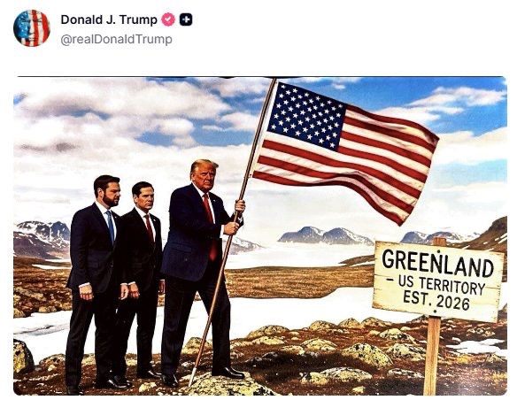 MalcolmNance's tweet image. If you think this Greenland grab is a joke, think again.

Trump tweets a 2am picture of himself as Mad King Donald the Last and his two bootlicks.  

This is mental illness turned into imperialist policy.