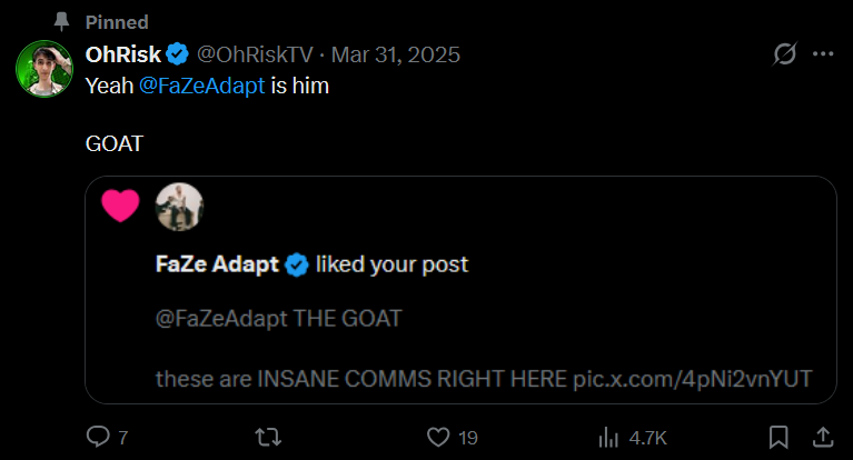 OhRiskUpdates's tweet photo. Throwback to when @FaZeAdapt liked OhRisk's tweet 🤯🤯
W Adapt ♥️♥️♥️
#fazeadapt #adapt #ohrisk #Streaming #twitch #twitchstreamer #clips #clipping #livestreaming #livestreamer https://t.co/M44tEvgEAD