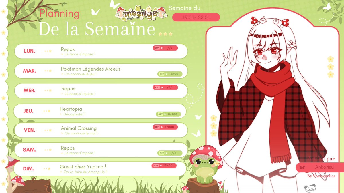meeilye's tweet image. Planning de la semaine !🍄
Dimanche je ne serais pas en stream mais je suis invitée chez @xyupiina  pour son redébut à 18h, on va faire du Among Us avec plein de beau monde !
Passez une agréable semaine !💫