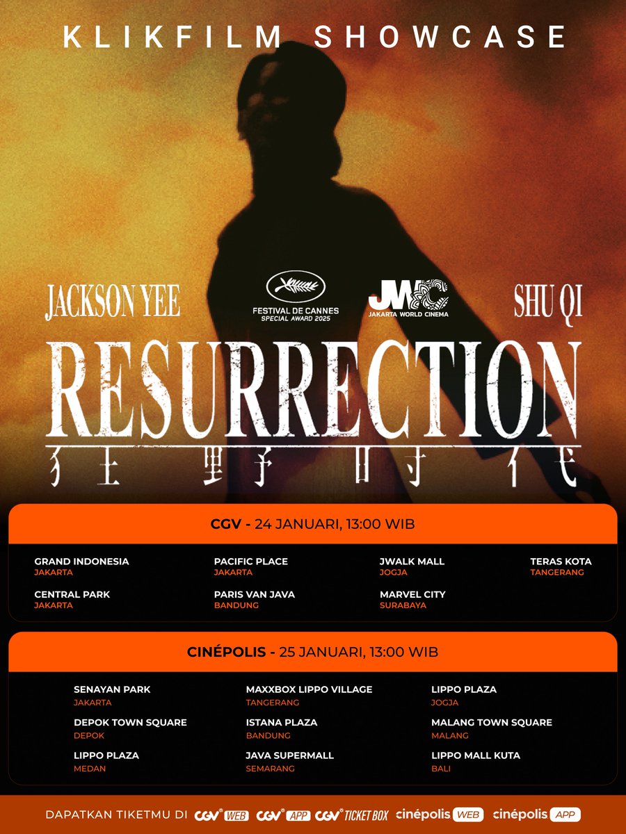 KlikFilm's tweet image. Ini kesempatan kamu nonton Resurrection di layar lebar.
Jangan sampe kelewatan film karya sutradara Bi Gan yang rame banget dibahas di JWC 2025 ini!
Tiket sudah bisa dibeli sekarang!

#KlikFilmShowcase #aKlikFilmRelease #WorldCinema #Resurrection #JakartaWorldCinema