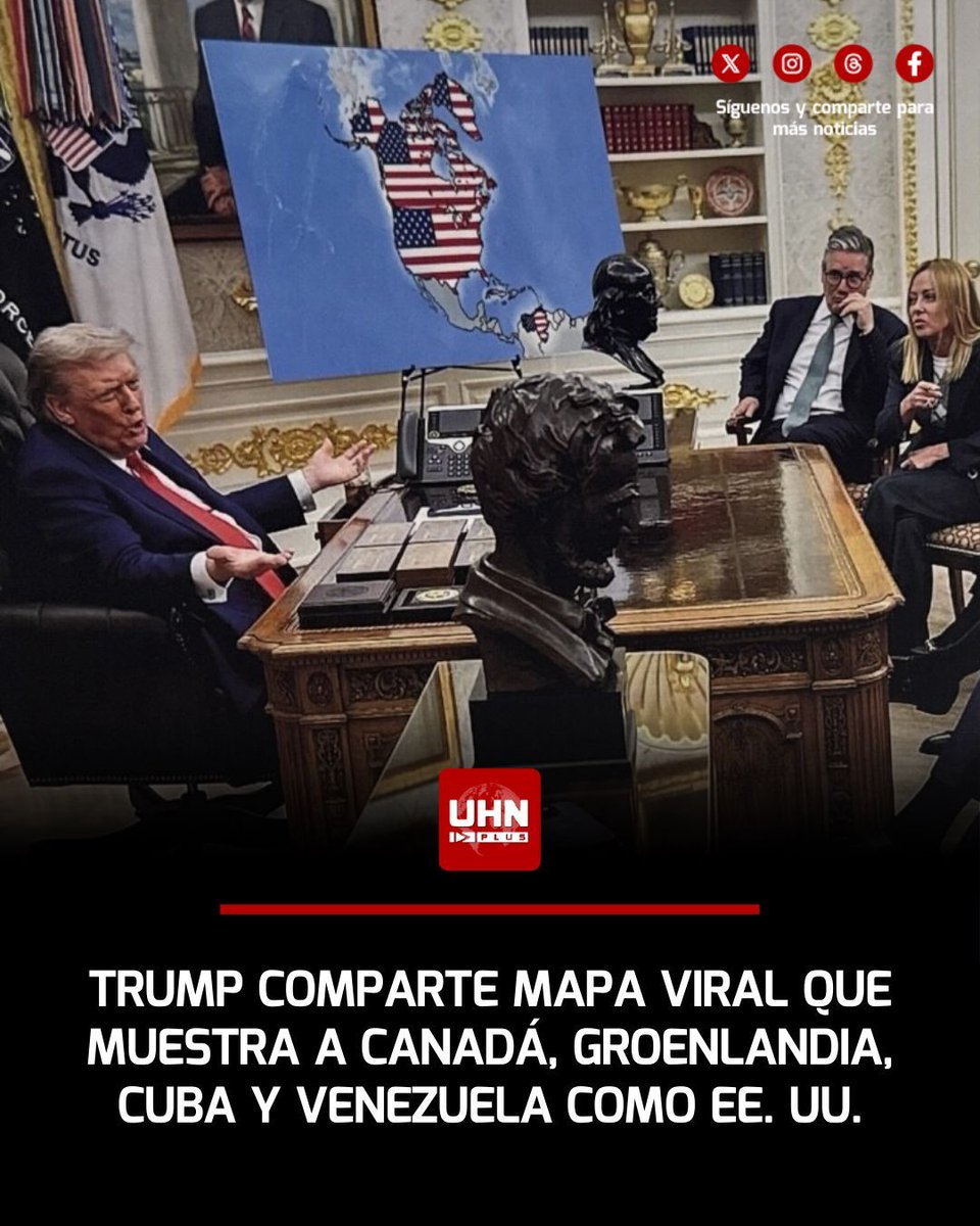 🇺🇸🇨🇦🇬🇱🇨🇺🇻🇪‼️ | El Presidente Donald Trump publicó en su red social Truth Social, una imagen generada con inteligencia artificial que muestra un mapa donde Canadá, Groenlandia, Cuba y Venezuela aparecen como parte de Estados Unidos, junto con la bandera estadounidense superpuesta