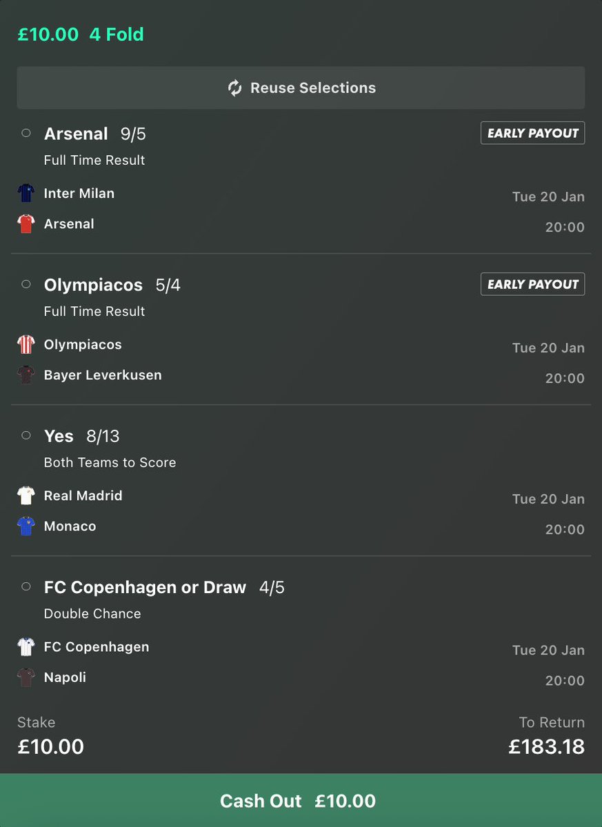FootySuperTips's tweet photo. What lets our #UCL Acca down?
๐ด๓ ง๓ ข๓ ฅ๓ ฎ๓ ง๓ ฟ ARSENAL to beat Inter
๐ฌ๐ท OLYMPIACOS to beat Leverkusen
๐ค BTTS - Real Madrid vs Monaco
๐ฉ๐ฐ COPENHAGEN OR DRAW vs Napoli
ยฃ10 stake nets you ยฃ183
18+ #GambleAware | #BuildBetterBets https://t.co/1yz7ttVF08