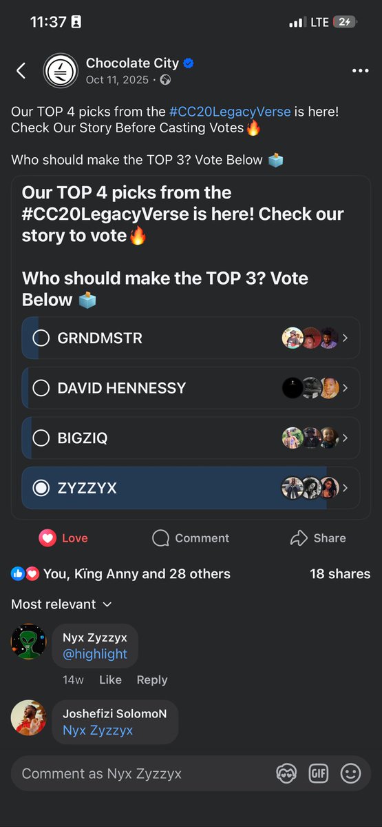 NZyzzyx's tweet photo. Help me repost this till @choccitymusic  sees this.
It’s been 3 months and 10 days since they concluded the voting on the #cc20legacyverse and voting was on3 platforms; FB,X and IG.
From the pictures I clearly won out 2 of 3 platforms but still no winner was announced.💔 https://t.co/zT0LmfwGYl