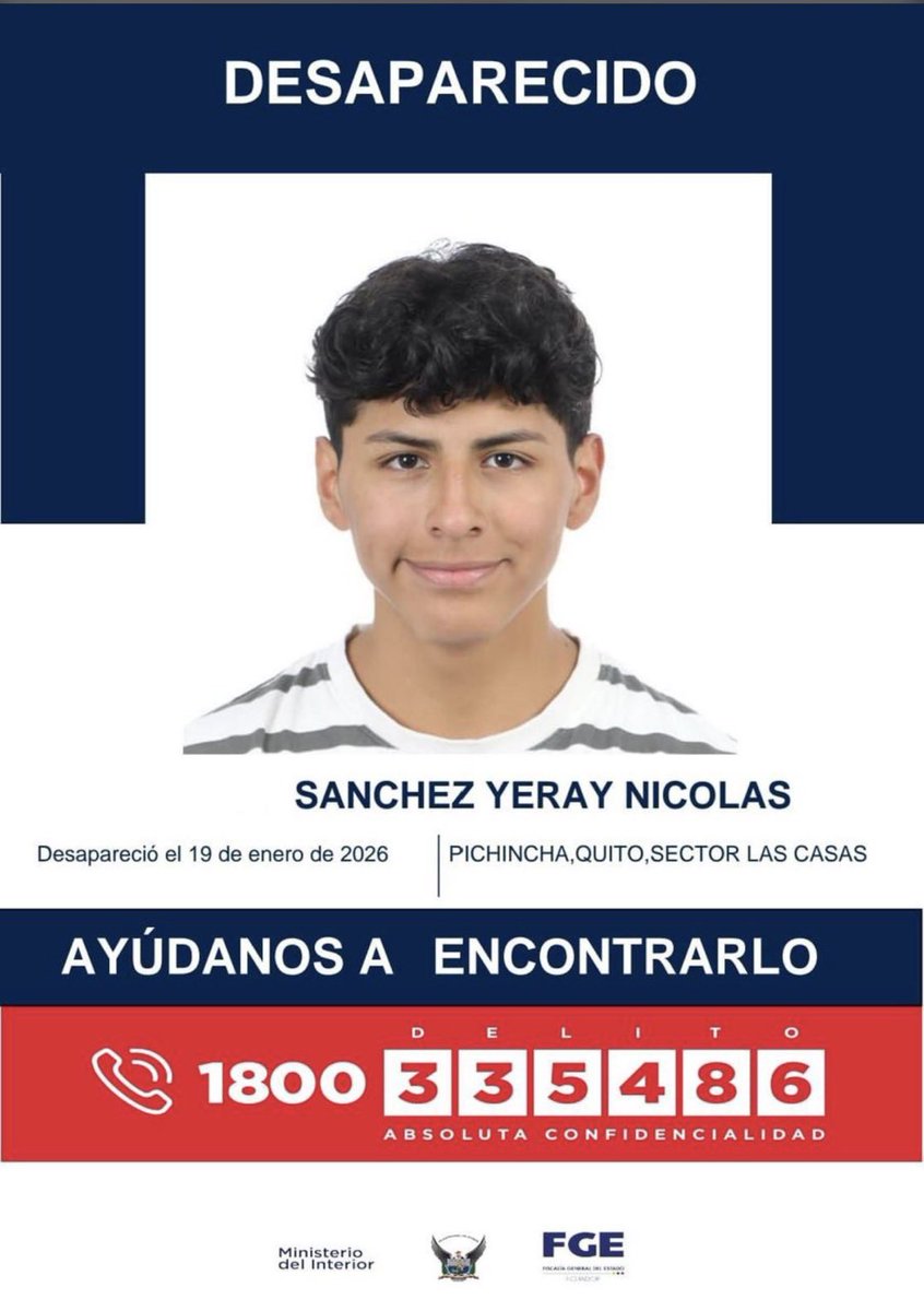 ecuainm_oficial's tweet image. ‼️#URGENTE
Nicolás Sánchez Yeray está reportado como desaparecido. Fue visto por última vez el 19 de enero de 2026 en el sector de Las Casas, en #Quito. Si tienes información sobre su paradero, comunícate con las autoridades.