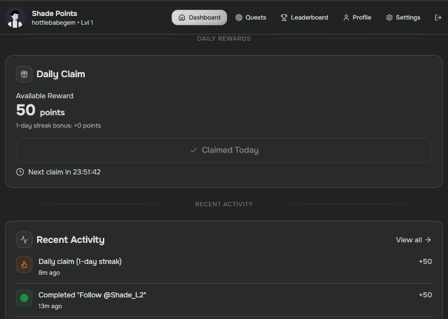 Shade Network ~ Shade Testnet is Live!

<a href="/Shade_L2/">Shade Network</a> is a fully private execution layer where every transaction, contract, and agent action disappears.
 
✨ $SHD Season 0 Airdrop is Live.

How to Earn Shadow Points:
• Do Social Tasks
• Testnet Activity
• Inviting people who