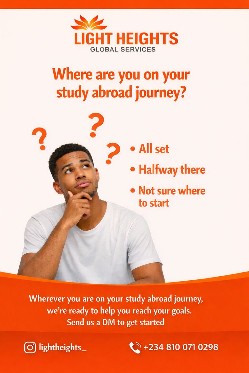 LightHeights's tweet photo. Thinking about studying abroad but not sure what step to take? 🤔🌍
Whether you’ve started your application or not, we’re here to guide you every step of the way.
📩 Send us a DM or
📞 Call +234 810 071 0298
#StudyAbroad #AdmissionsOpen #StudyintheUK #MayIntake2026 https://t.co/6klPUPWAnF