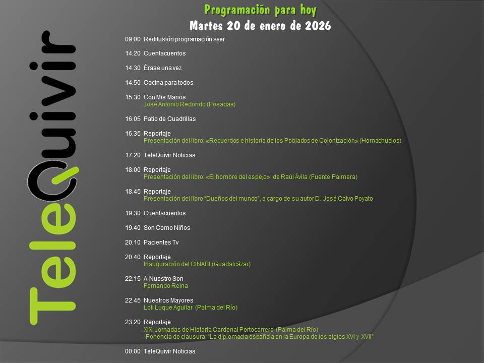 Programación para hoy 20 de enero en TeleQuivir.
Recuerda que puedes ver la televisión de la comarca en abierto en la TDT HD, y si vives fuera de ella, online en nuestros canales de Youtube y Twitch. ¡Suscríbite!
youtube.com/@telequivir/li…
twitch.tv/telequivir