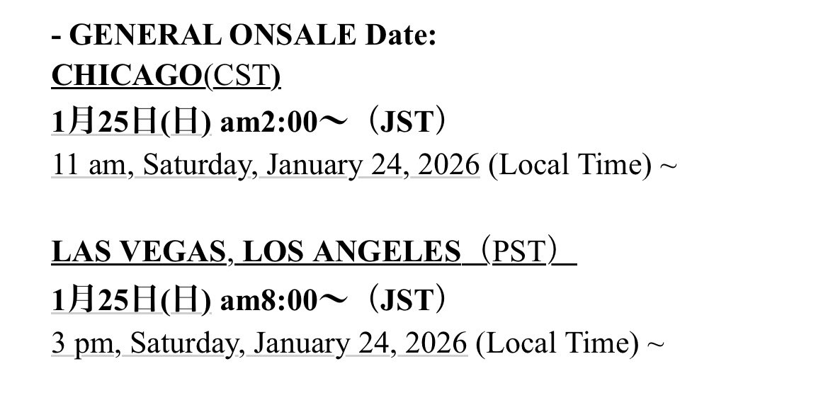 ナムさんのキュレーション展と重なってない時点で🇺🇸行きは悩みどころだったのですが、一応3都市事前認証したものの…

🇰🇷もチケッティングするなら、地獄のスケジュールですね…。

自分メモ兼用で、シカゴ、ベガス、LAチケッティングを日本時間に変換したものを貼っておきます。
 #BTS #BTS_WORLDTOUR
