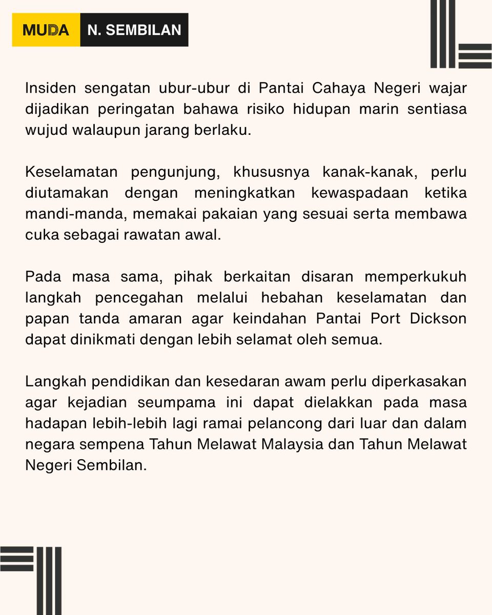 KENYATAAN MEDIA

Insiden Sengatan Ubur-Ubur
Apa Langkah Susulan?

Noor Fadzli Shah
MUDA Rasah
Biro Kelestarian Alam Sekitar MUDA Negeri Sembilan