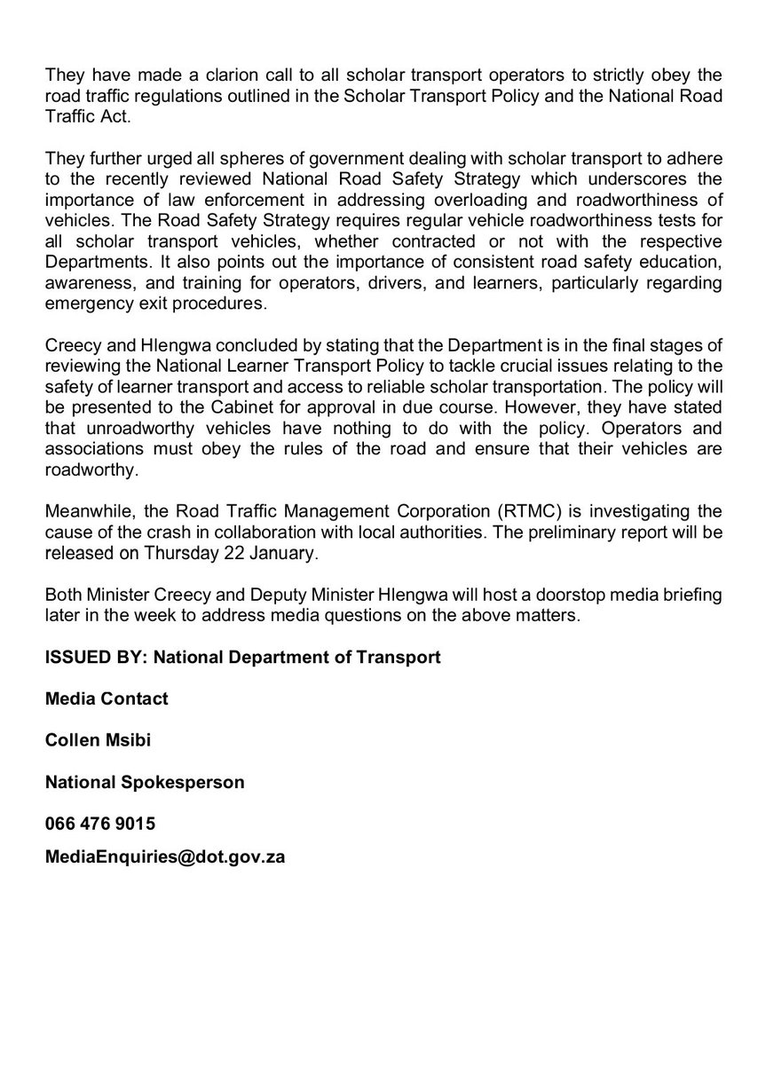 Minister Creecy and Deputy Minister <a href="/MkhulekoHlengwa/">Mkhuleko Hlengwa MP</a> direct for tighter law enforcement on Scholar Transport after a fatal crash involving learners