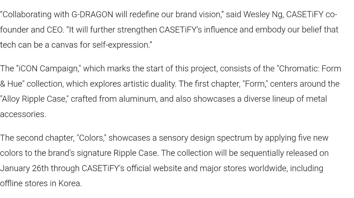WhiteTamar1's tweet image. Casetify founder &amp;amp; CEO : "Collaborating with G-DRAGON will redefine our brand vision. It will further strengthen CASETIFY's influence and embody our belief that tech can be a canvas for self-expression" 

#GDRAGON Big #inspiration 💖
There are 2 chapters 😍😍